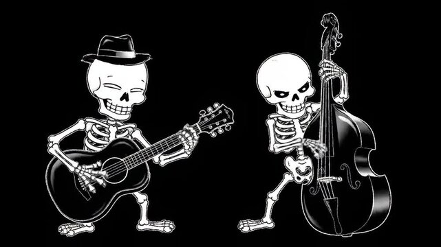 Cartoon Skeletons Playing Music - Two cartoon skeletons are shown playing musical instruments against a black background. One skeleton plays an acoustic guitar while the other plays an upright bass.