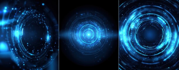 Abstract futuristic graphic design with concentric rings of vibrant blue light on a dark background