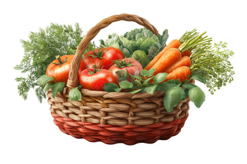 Woven basket filled with fresh tomatoes carrots and greens isolated on a transparent background wicker