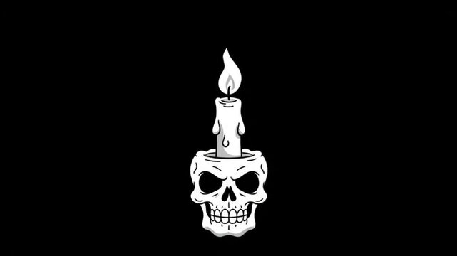Spooky Cartoon Candle on Skull - A black and white cartoon animation of a candle burning atop a skull, set against a solid black background.