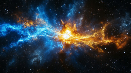 Cosmic energy burst with blue and gold light exploding in space creating a dramatic luminous scene with radiant particles motion and depth for futuristic celestial or abstract background