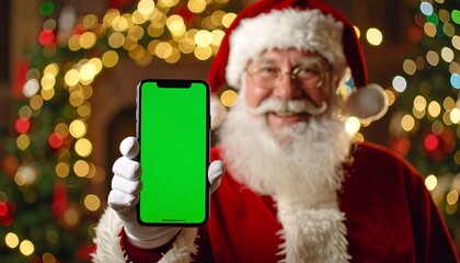 Santa Claus holds a phone with a green screen against a blurred Christmas background