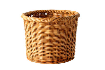 Woven wicker basket with twisted rim and open top isolated on a transparent background rattan cane