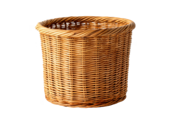 Woven wicker basket with twisted rim and open top isolated on a transparent background rattan cane