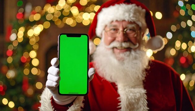 Santa Claus holds a phone with a green screen against a blurred Christmas background