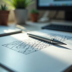 An artistic workspace featuring a pen on a sketch of a geometric design, surrounded by greenery.
