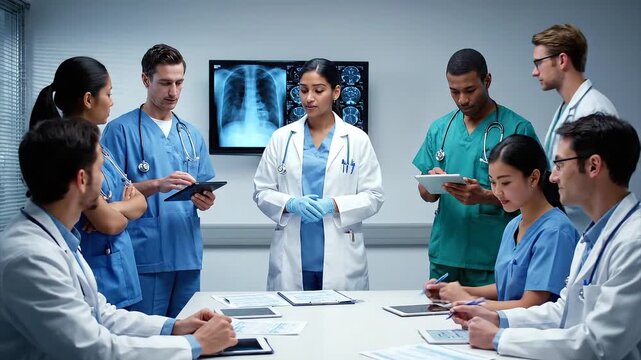 Diverse medical team of doctors and nurses in a morning briefing at a hospital. 