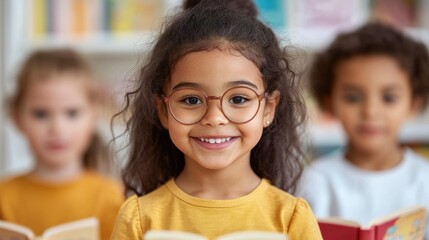 Young girl reading happily with friends in a cozy library setting
