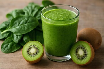 Freshly made green smoothie in a glass with spinach and kiwi