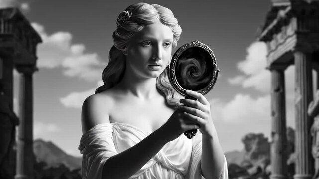 Aphrodite Statue with Antique Mirror - A black and white video of a sculpted Aphrodite holding a hand mirror reflecting a swirling vortex, set against a backdrop of ancient Greek ruins under a cloudy