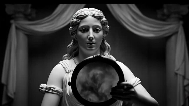 Aphrodite Statue with Hand Mirror - A black and white close-up shot of a statue of Aphrodite, seemingly holding a dark hand mirror.