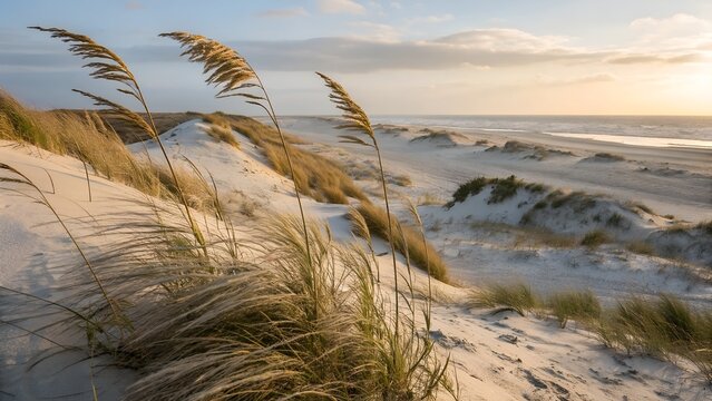 windswept sea oats on sandy beach dunes - Powered by Adobe