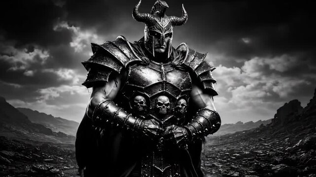 Ares, God of War in Halloween Armor - A black and white video depicts Ares, the Greek God of War, clad in dark, detailed Halloween-themed armor.