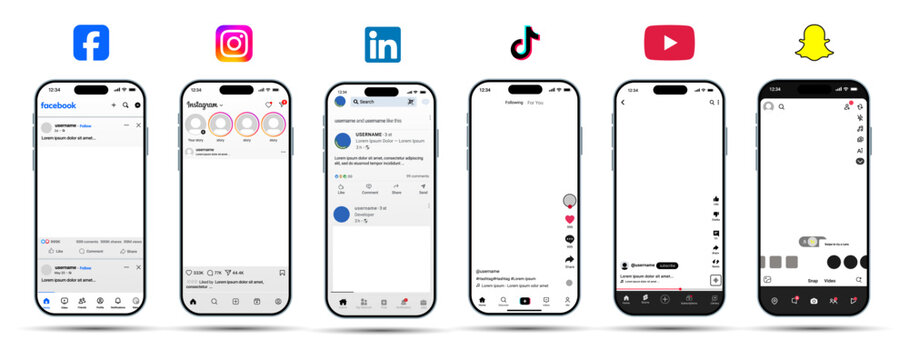 Social Media UI Mockup Pack with Instagram YouTube TikTok Facebook LinkedIn Snapchat Post Feed camera roll short video Frames and Mobile App Layout