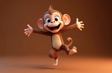 Fototapeta premium Joyful cartoon monkey character, 3D render. Funny, happy ape with open arms, excited expression. Cute mammal mascot suitable for animation, games, children content. Wild animal avatar in playful pose.