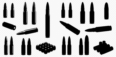 A diverse collection of black ammunition silhouettes, featuring various bullet and cartridge sizes and arrangements.