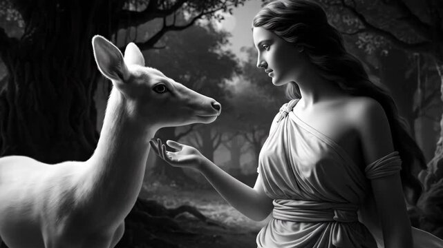 Artemis and the Ghostly Deer - A black and white video depicts Artemis, the Greek goddess of the hunt, in a flowing robe, gently extending her hand towards a white deer in a dark forest setting.