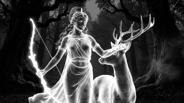Ghostly Artemis and Deer in Dark Forest - A black and white video depicts Artemis, the Greek goddess of the hunt, appearing as a translucent figure with a glowing bow and arrow, standing alongside a