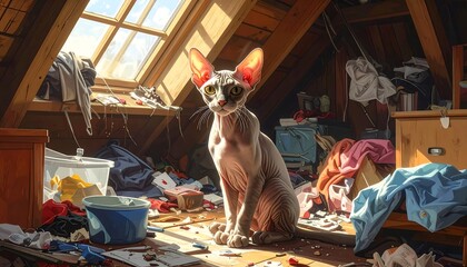 A sphynx cat sits amidst a sun-drenched attic filled with a plethora of discarded items, creating a charmingly cluttered scene.