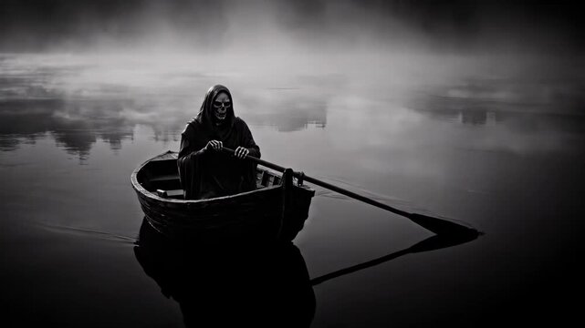 Grim Reaper Rowing Boat in Misty River - A black and white video depicting the Grim Reaper rowing a small boat across a misty river.
