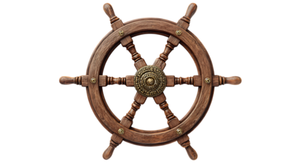 Wooden ship wheel with brass center isolated on transparent background.