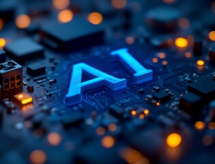 Glowing blue ai lettering illuminates a complex circuit board with blurred orange bokeh lights representing artificial intelligence and advanced technology in a digital futuristic concept