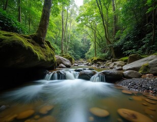 Lush green rainforest with Manoa stream flowing over moss-covered rocks. Cascading water creates a serene and tranquil atmosphere. Tall trees and dense foliage surround the winding creek.