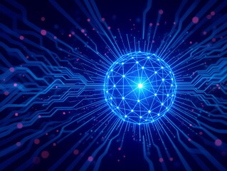 Abstract glowing blue sphere of interconnected lines and nodes resembling a neural network or complex data structure radiating energy and information on a dark background with subtle bokeh lights
