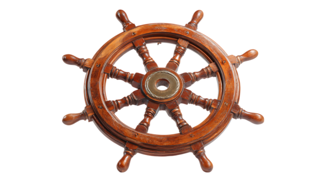 Wooden ship wheel isolated on transparent background.
