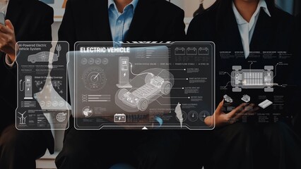 Business professionals analyze electric vehicle innovations using a digital interface showcasing vital systems, enhancing collaboration and technological advancement in the transport sector. Raster