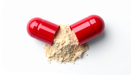 Red capsule opened on white backdrop, powder spilling out. Healthcare and pharmaceutical design.
