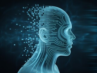 Abstract digital human head dissolving into glowing blue data particles and circuit board patterns representing artificial intelligence and futuristic technology concepts