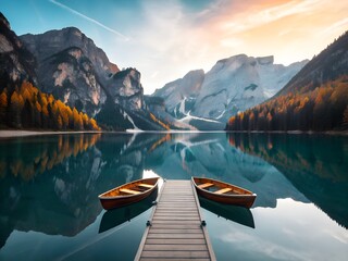 Serene alpine lake with wooden rowboats docked at a pier reflecting majestic mountains and colorful autumn foliage under a dramatic sky