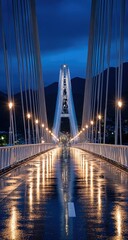 Fototapeta premium Modern bridge at dusk, wet road, city lights