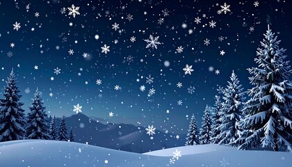 Winter night landscape with falling snow. Snowy fir trees and mountains under a dark blue sky