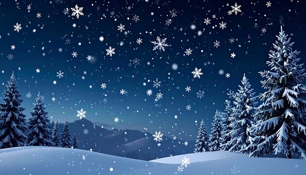 Winter night landscape with falling snow. Snowy fir trees and mountains under a dark blue sky