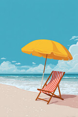 Bright beach scene with a yellow umbrella and striped chair by the ocean under blue skies