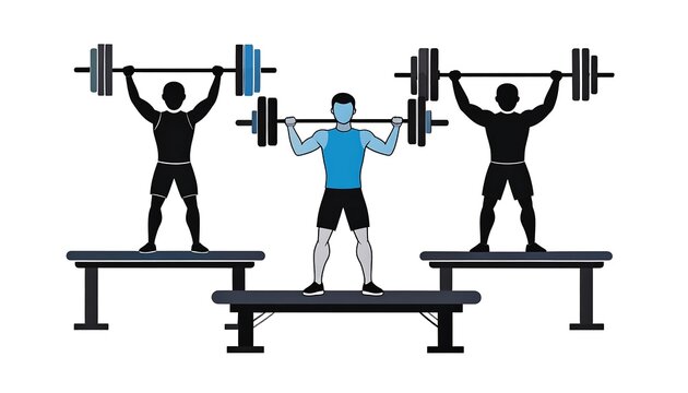 Three weightlifters in a gym setting, showcasing strength and fitness. Each individual is depicted in silhouette form, performing a barbell overhead press exercise. - Powered by Adobe