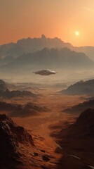 Naklejka premium Alien spacecraft over a desert landscape at sunset