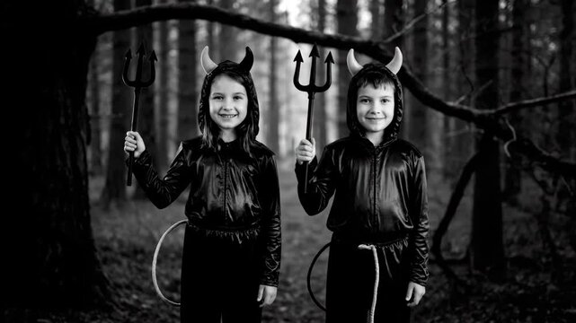 Children in Devil Costumes in the Woods - Two children dressed in devil costumes, complete with horns and tridents, stand in a dark and moody forest setting.