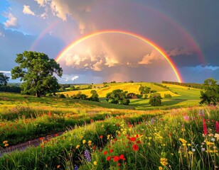 Naklejka premium A vibrant rainbow arches over a rolling landscape dotted with colorful wildflowers and lush green fields.