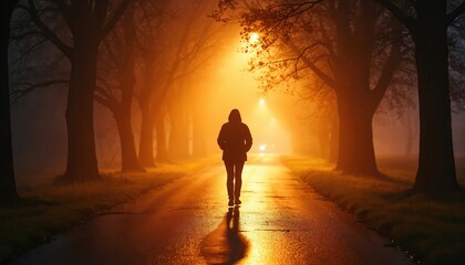Fototapeta premium Lone figure walks down wet road at night, shrouded in mist, illuminated by warm streetlights. Silhouetted trees line path, casting long shadows, creating atmosphere of mystery, solitude. Scene evokes