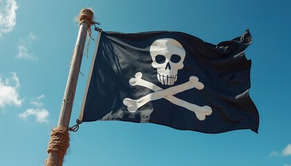 Fototapeta premium Black pirate flag with skull, crossbones emblem waves in clear blue sky. Nautical symbol of danger, rebellion, adventure. Iconic Jolly Roger represents freedom, mystery, maritime history, sea