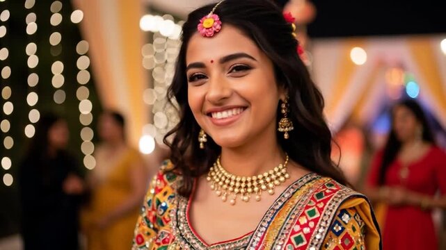 Smiling Indian woman in colorful traditional attire with jewelry posing joyfully during Navratri night garba cultural festival celebration