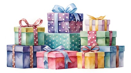 A colorful watercolor illustration of a stack of gift boxes with ribbons and bows, isolated on a white background