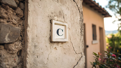 Vintage wall texture with ceramic tile letter C, rustic architectural detail
