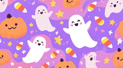 Fototapeta premium Looping animation of smiling cartoon ghosts moving , Animated stars and bats add lively detail Halloween theme.