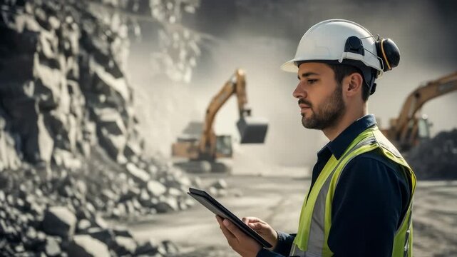 Engineer in helmet and vest using tablet at quarry site, dust and excavators in background, cinematic realism, blasting and safety.