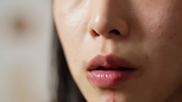 An intimate close-up of a woman's face, focusing on her moist, glossy lips with a droplet falling.