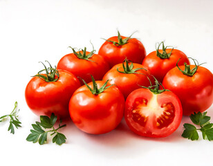 A close up of a tomato with a stem and a leaf. The tomato is cut in half, revealing its juicy red interior.
